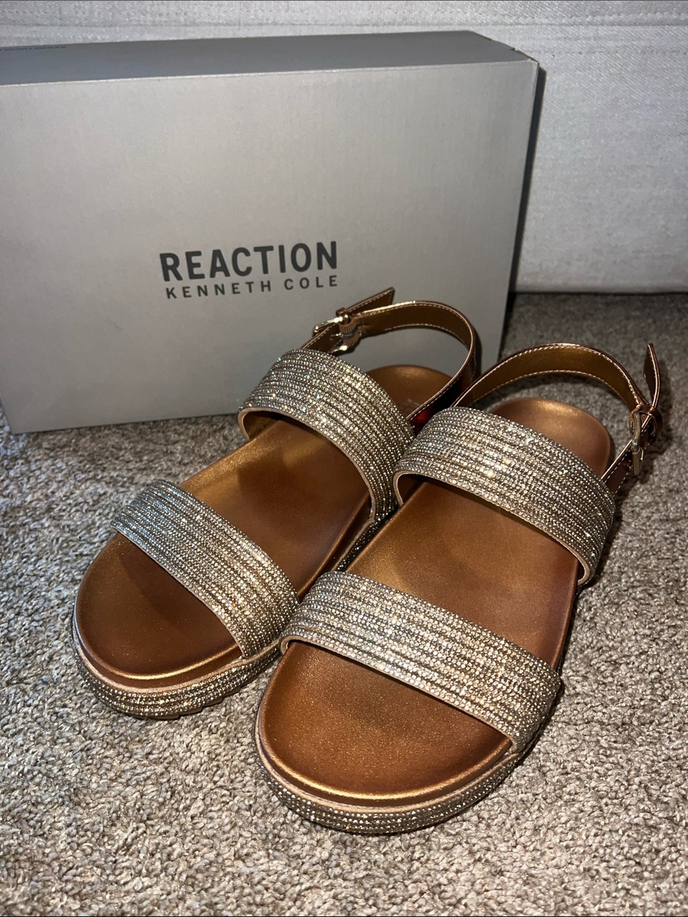 Reaction Kenneth Cole Women's Metallic Gold Rhinestone Strap Sandals